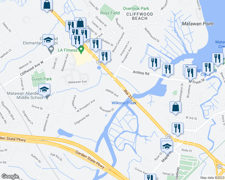 map of restaurants, bars, coffee shops, grocery stores, and more near 472 Hilltop Avenue in Keyport