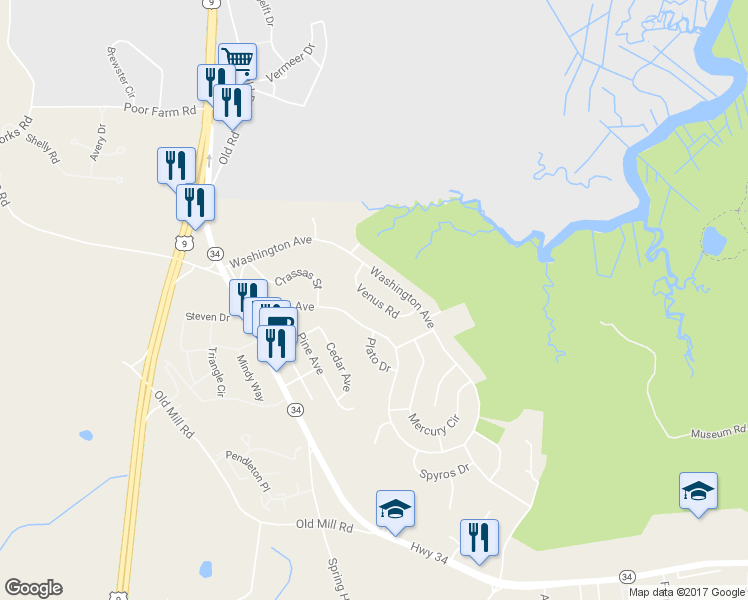 map of restaurants, bars, coffee shops, grocery stores, and more near 24 Venus Road in South Amboy