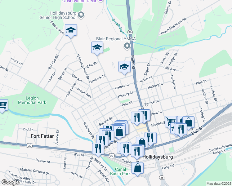 map of restaurants, bars, coffee shops, grocery stores, and more near 810 Union Street in Hollidaysburg