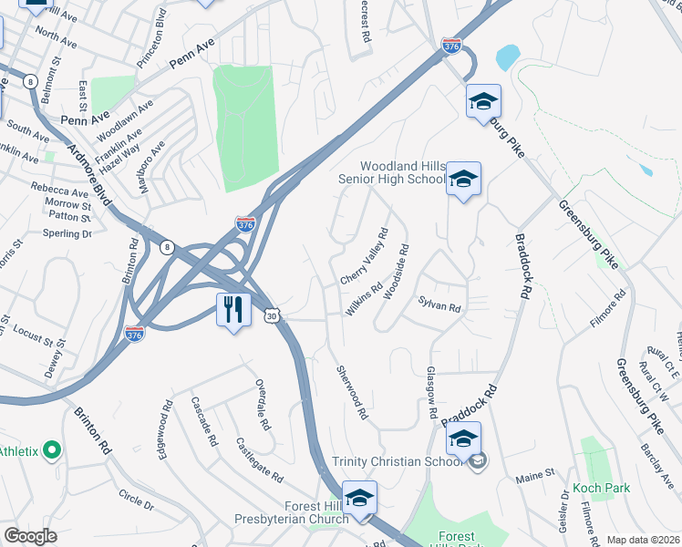 map of restaurants, bars, coffee shops, grocery stores, and more near 113 Cherry Valley Road in Pittsburgh