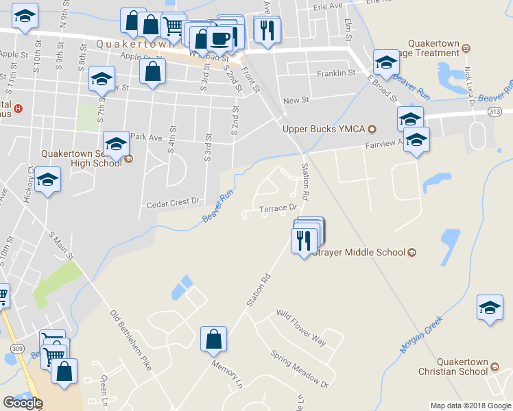 map of restaurants, bars, coffee shops, grocery stores, and more near 458 Terrace Drive in Quakertown