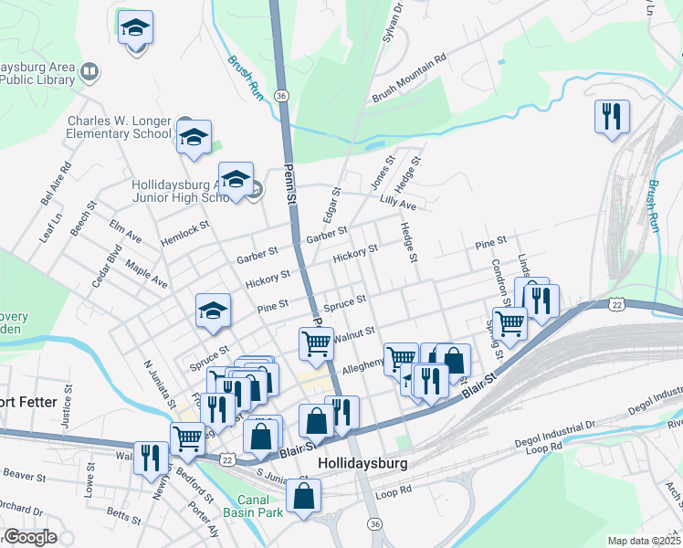 map of restaurants, bars, coffee shops, grocery stores, and more near 712 Clark St in Hollidaysburg