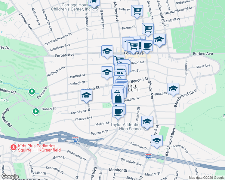 map of restaurants, bars, coffee shops, grocery stores, and more near 5710 Beacon Street in Pittsburgh