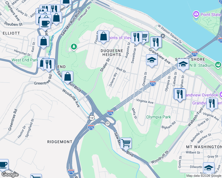 map of restaurants, bars, coffee shops, grocery stores, and more near 504 Augusta Street in Pittsburgh