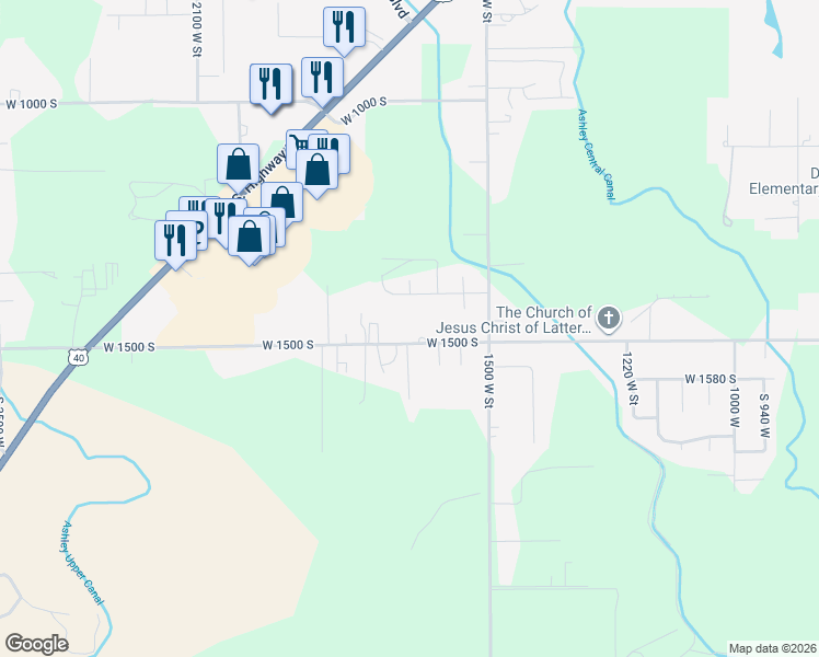 map of restaurants, bars, coffee shops, grocery stores, and more near 1662 West 1500 South in Vernal