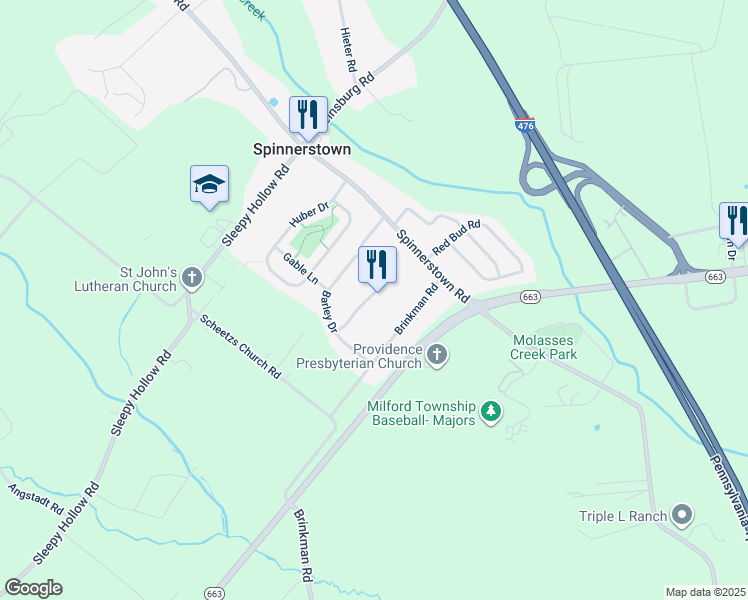 map of restaurants, bars, coffee shops, grocery stores, and more near 2051 Valley View Drive in Quakertown