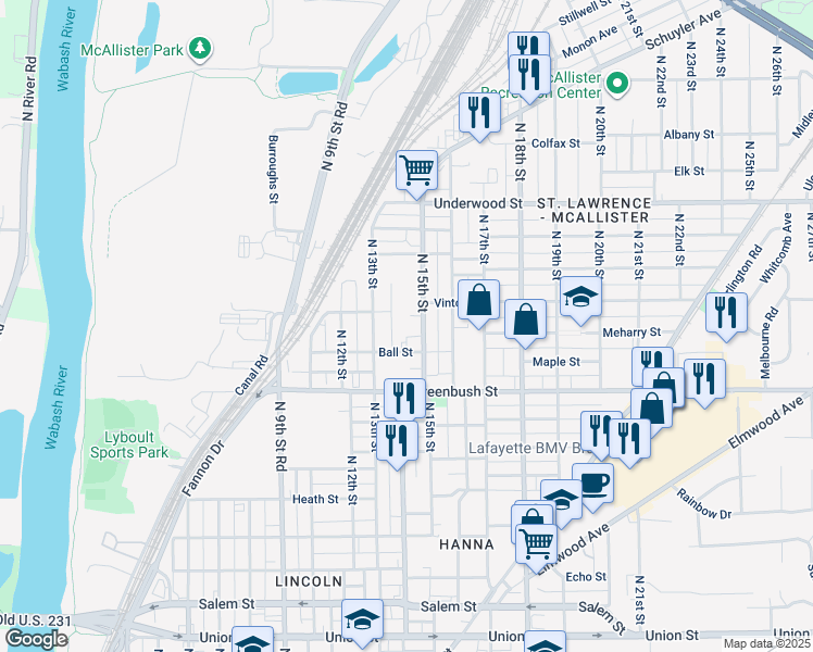 map of restaurants, bars, coffee shops, grocery stores, and more near 1628 North 15th Street in Lafayette