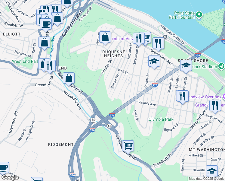 map of restaurants, bars, coffee shops, grocery stores, and more near 504 Augusta St in Pittsburgh