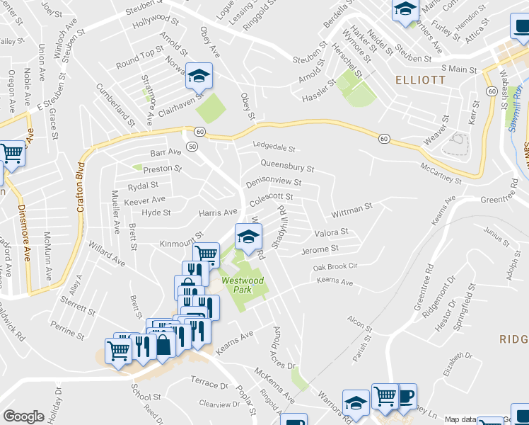 map of restaurants, bars, coffee shops, grocery stores, and more near 527 Oxford St in Pittsburgh