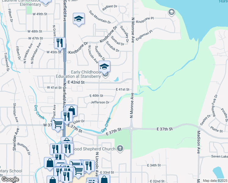 map of restaurants, bars, coffee shops, grocery stores, and more near 512 East 41st Street in Loveland