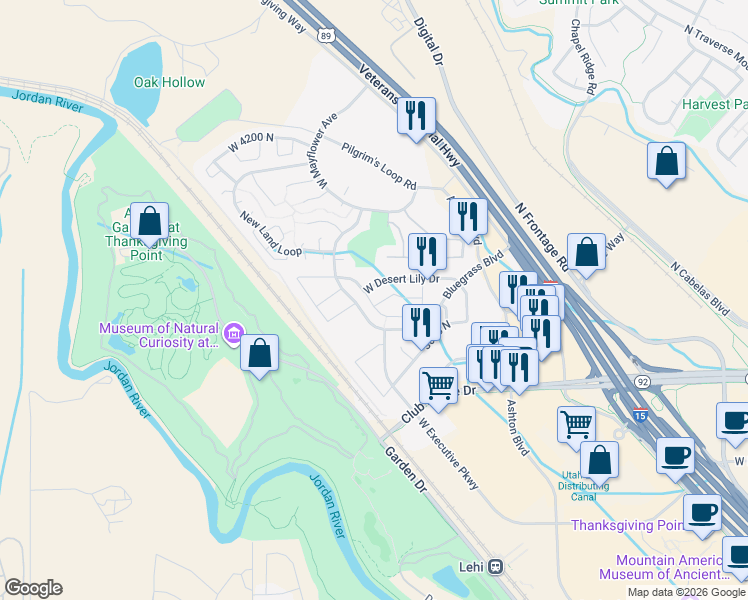 map of restaurants, bars, coffee shops, grocery stores, and more near 3238 Manor View Drive in Lehi