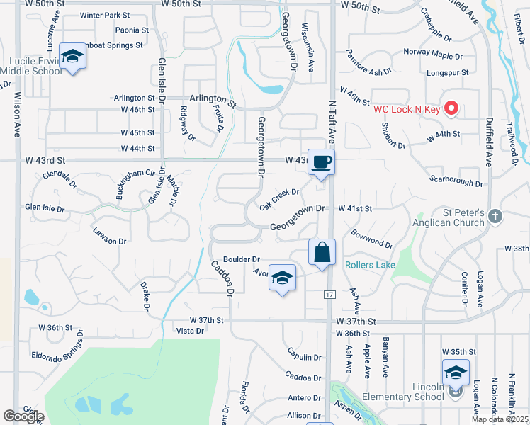 map of restaurants, bars, coffee shops, grocery stores, and more near 1644 Oak Creek Drive in Loveland