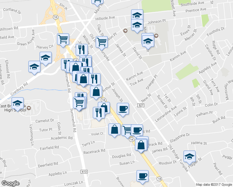 map of restaurants, bars, coffee shops, grocery stores, and more near 129 Joseph Street in East Brunswick
