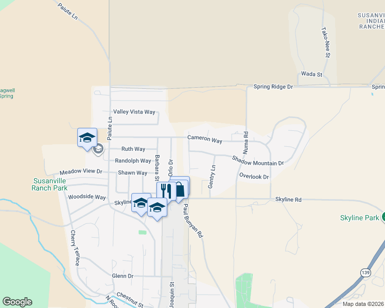 map of restaurants, bars, coffee shops, grocery stores, and more near 1245 Bunyan Road in Susanville