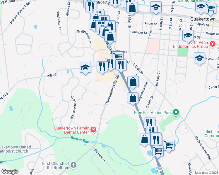 map of restaurants, bars, coffee shops, grocery stores, and more near 86 Trumbauersville Road in Quakertown