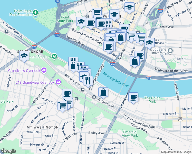 map of restaurants, bars, coffee shops, grocery stores, and more near Smithfield Street Bridge in Pittsburgh
