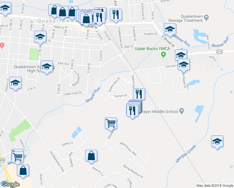 map of restaurants, bars, coffee shops, grocery stores, and more near 438 Terrace Drive in Quakertown