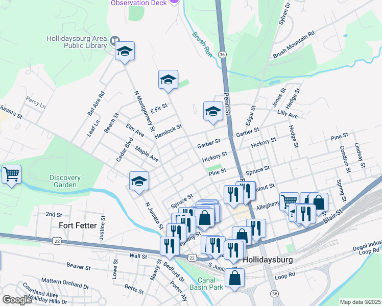 map of restaurants, bars, coffee shops, grocery stores, and more near 410 Garber Street in Hollidaysburg