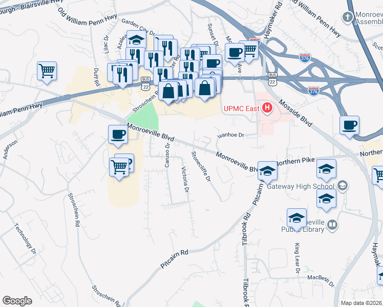 map of restaurants, bars, coffee shops, grocery stores, and more near 1006 Stonecliffe Drive in Monroeville