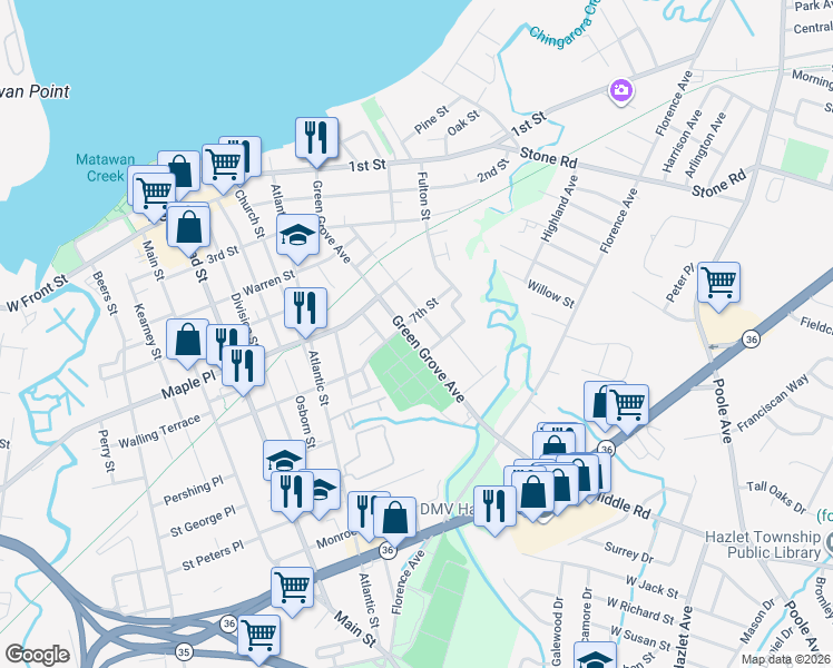 map of restaurants, bars, coffee shops, grocery stores, and more near 75 Green Grove Avenue in Keyport