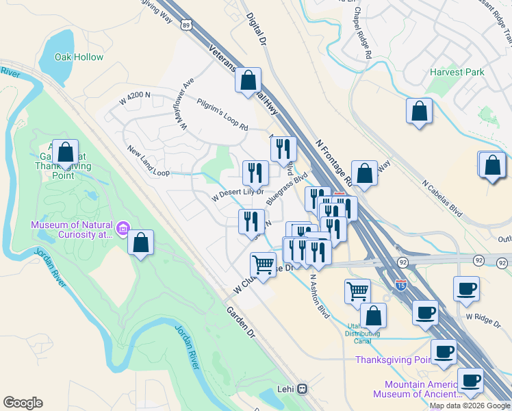 map of restaurants, bars, coffee shops, grocery stores, and more near 3141 Manor View Drive in Lehi