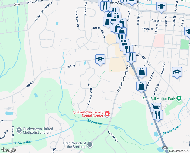 map of restaurants, bars, coffee shops, grocery stores, and more near 1230 Cobblestone Way in Quakertown