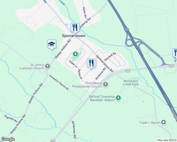 map of restaurants, bars, coffee shops, grocery stores, and more near Valley View Drive in Quakertown