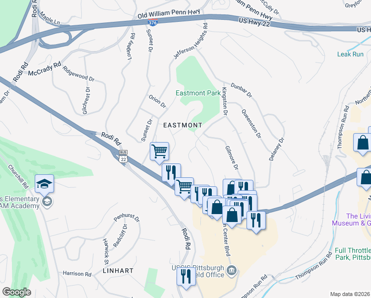 map of restaurants, bars, coffee shops, grocery stores, and more near 10 Charnwood Drive in Pittsburgh