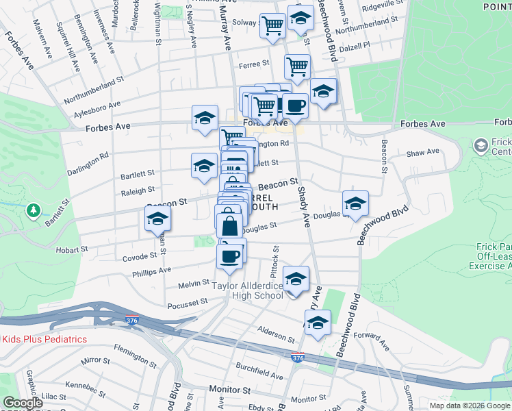 map of restaurants, bars, coffee shops, grocery stores, and more near 5837 Hobart Street in Pittsburgh