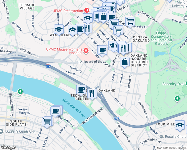 map of restaurants, bars, coffee shops, grocery stores, and more near 22 Mackey Street in Pittsburgh