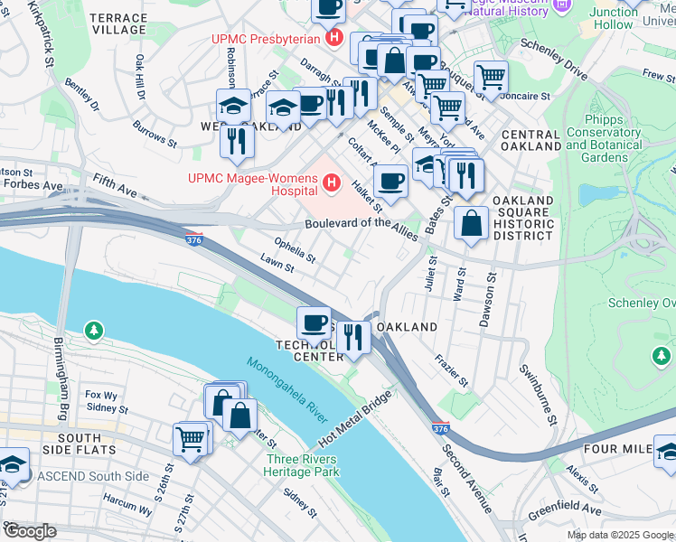 map of restaurants, bars, coffee shops, grocery stores, and more near 3201 Niagara Street in Pittsburgh
