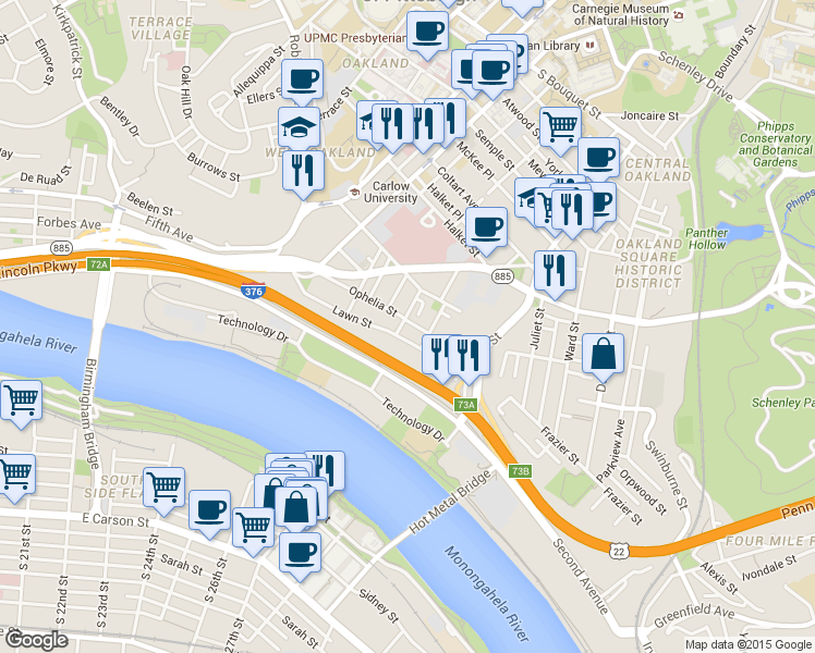 map of restaurants, bars, coffee shops, grocery stores, and more near 3101 Kennett Square in Pittsburgh