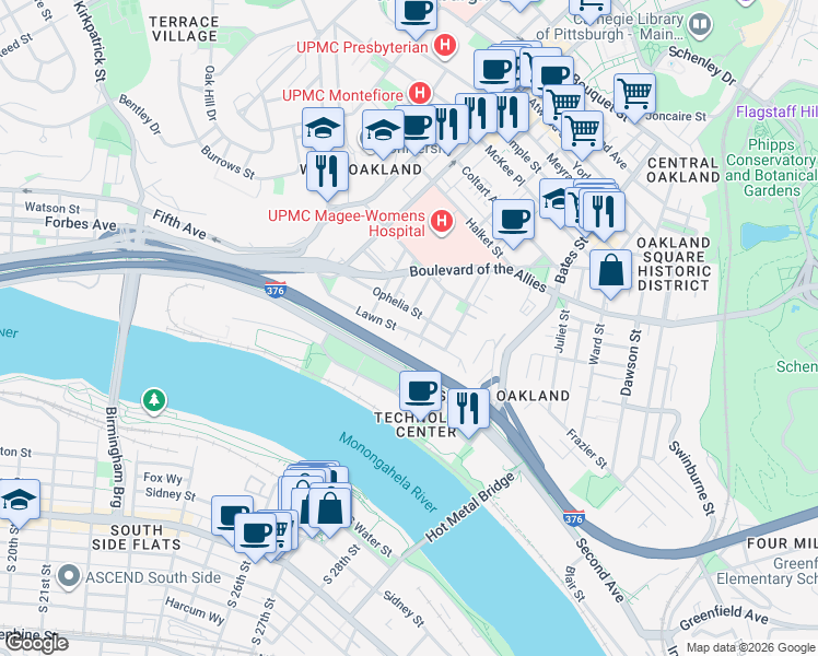 map of restaurants, bars, coffee shops, grocery stores, and more near 3101 Kennett Square in Pittsburgh
