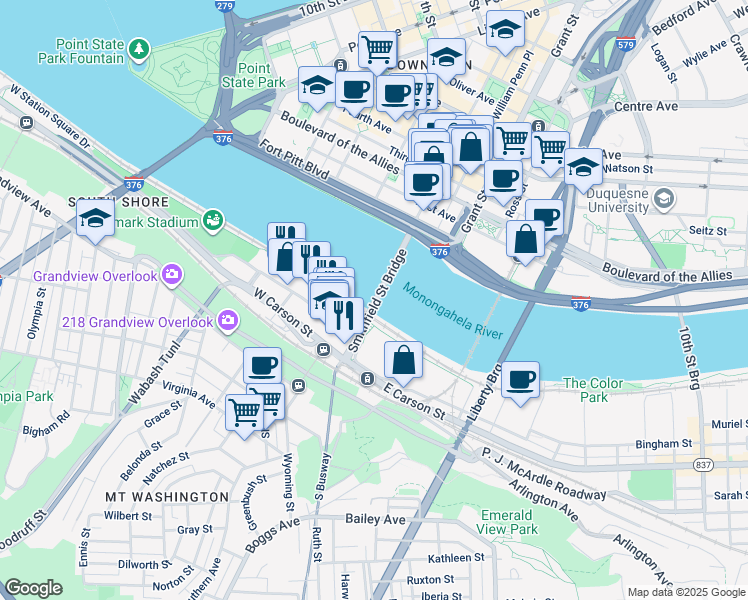 map of restaurants, bars, coffee shops, grocery stores, and more near Three Rivers Heritage Trail in Pittsburgh