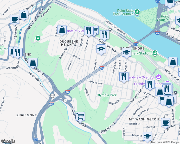map of restaurants, bars, coffee shops, grocery stores, and more near 257 Oneida Street in Pittsburgh