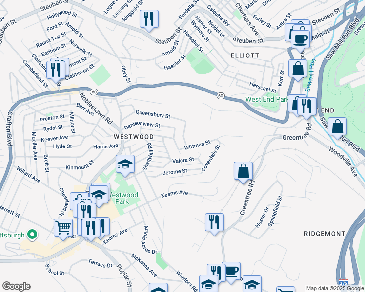 map of restaurants, bars, coffee shops, grocery stores, and more near 635 Wittman Street in Pittsburgh