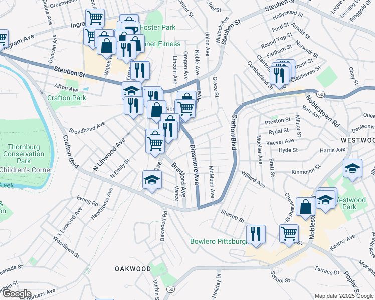 map of restaurants, bars, coffee shops, grocery stores, and more near 101 Dinsmore Avenue in Pittsburgh