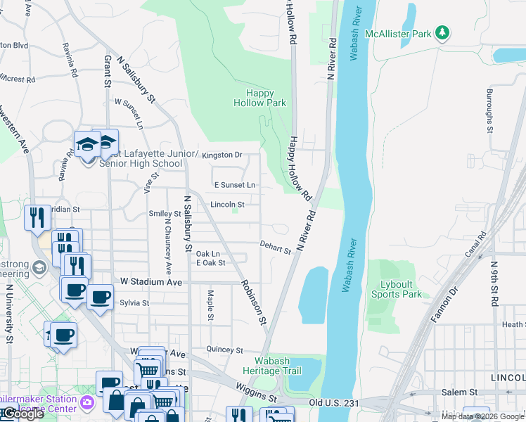 map of restaurants, bars, coffee shops, grocery stores, and more near 844 Rose Street in West Lafayette