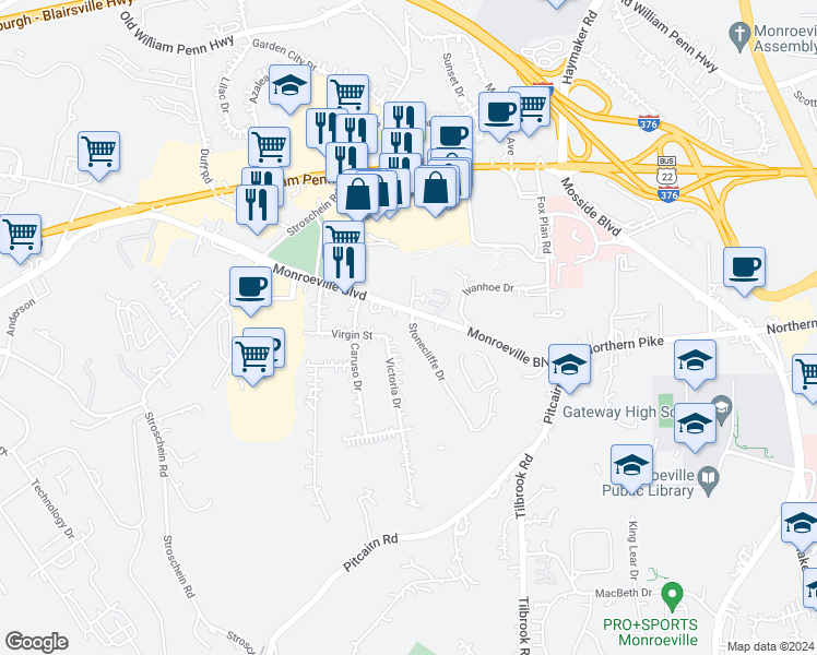 map of restaurants, bars, coffee shops, grocery stores, and more near 1006 Stonecliffe Drive in Monroeville