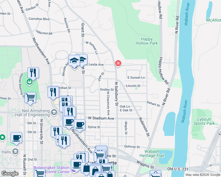 map of restaurants, bars, coffee shops, grocery stores, and more near 902 North Chauncey Avenue in West Lafayette