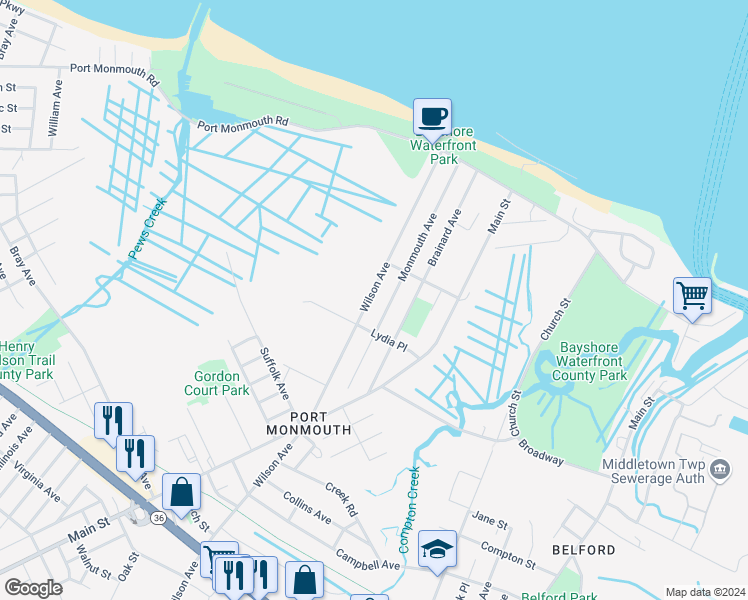 map of restaurants, bars, coffee shops, grocery stores, and more near 79 Wilson Avenue in Port Monmouth