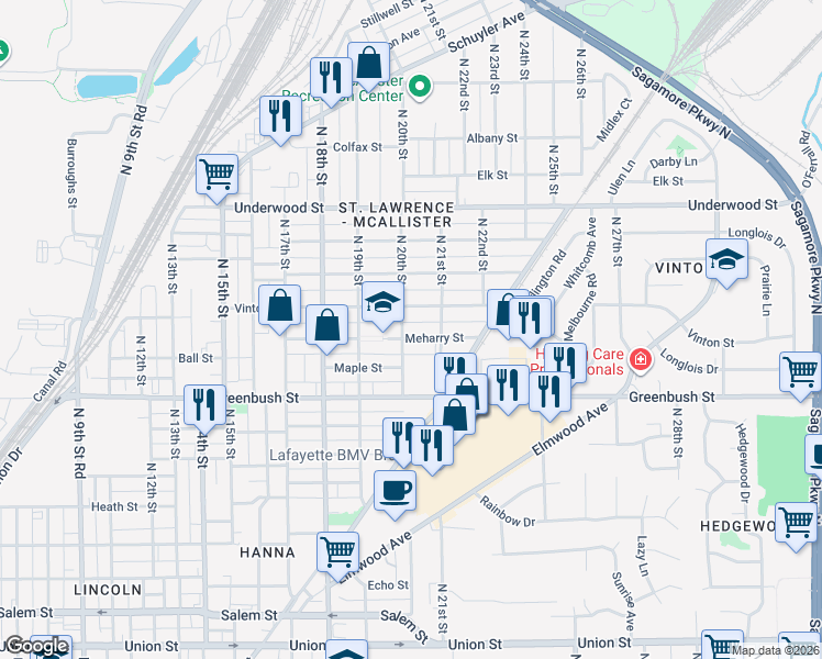 map of restaurants, bars, coffee shops, grocery stores, and more near 2004 Meharry St in Lafayette