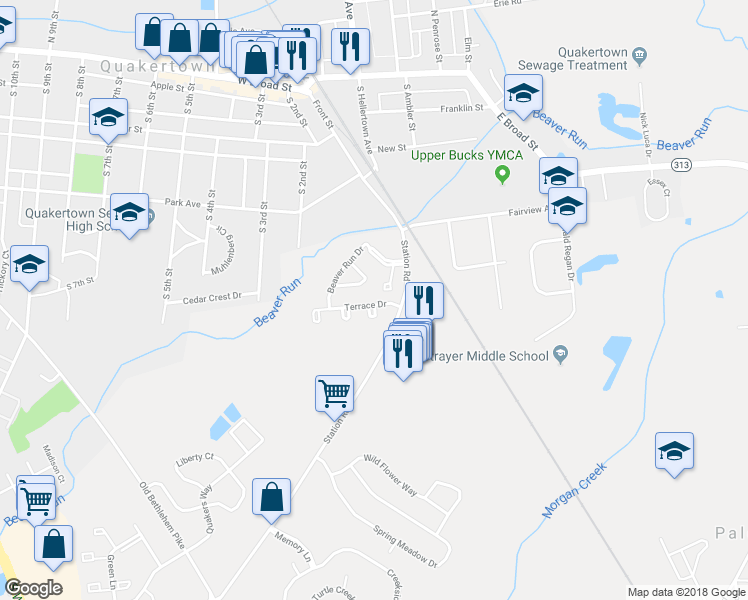 map of restaurants, bars, coffee shops, grocery stores, and more near 422 Terrace Drive in Quakertown