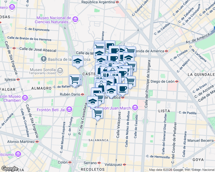 map of restaurants, bars, coffee shops, grocery stores, and more near 102 Calle de Claudio Coello in Madrid