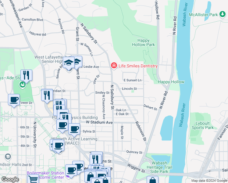 map of restaurants, bars, coffee shops, grocery stores, and more near 850 North Salisbury Street in West Lafayette