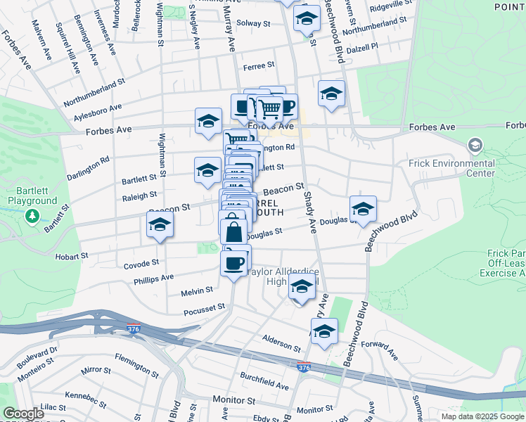 map of restaurants, bars, coffee shops, grocery stores, and more near 5837 Hobart Street in Pittsburgh