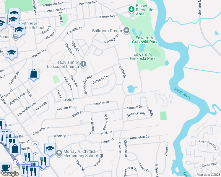 map of restaurants, bars, coffee shops, grocery stores, and more near 37 Monticello Way in South River