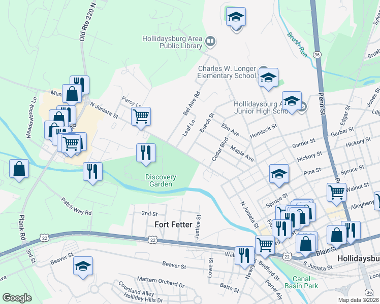 map of restaurants, bars, coffee shops, grocery stores, and more near 1312 North Juniata Street in Hollidaysburg