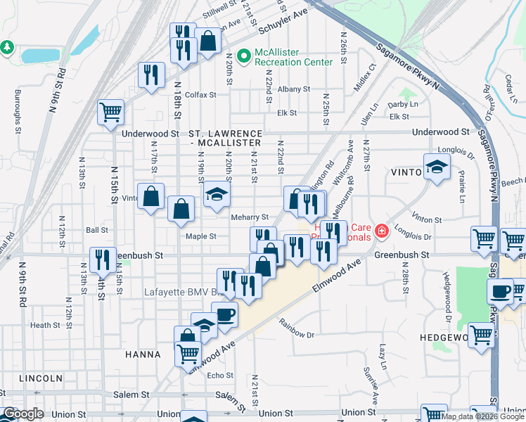 map of restaurants, bars, coffee shops, grocery stores, and more near 2110 Meharry St in Lafayette