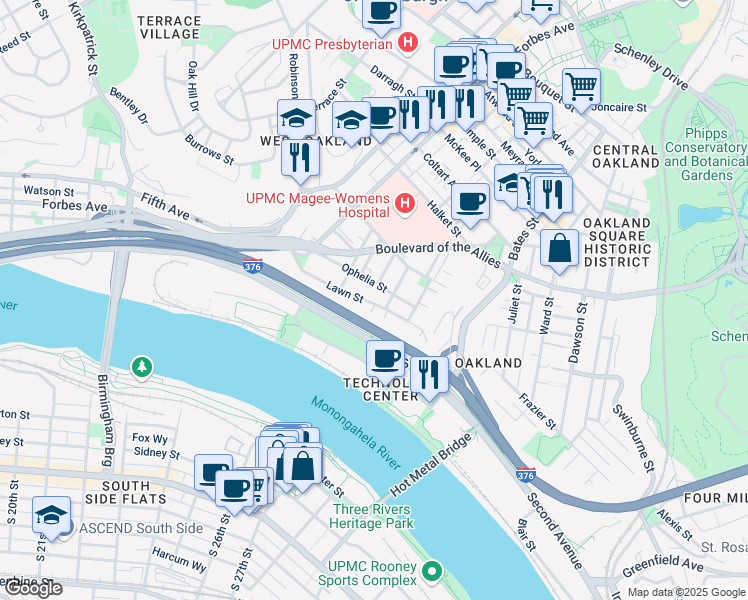 map of restaurants, bars, coffee shops, grocery stores, and more near 3101 Kennett Square in Pittsburgh